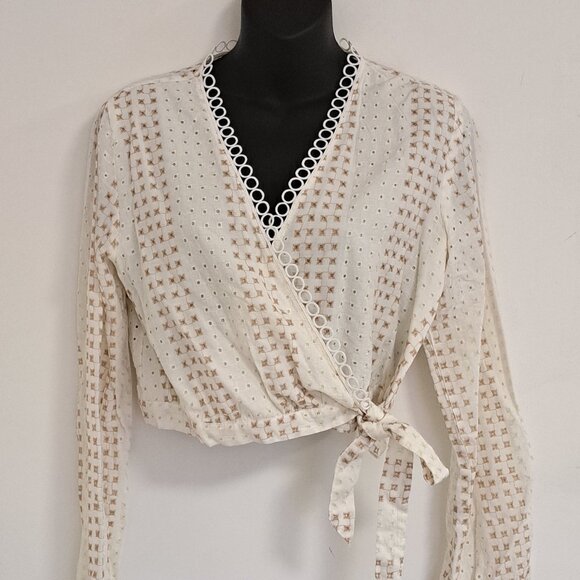 Blue Rain Eyelet Wrap Cropped Blouse with Tie at Waist Misses Size Medium - Picture 1 of 12